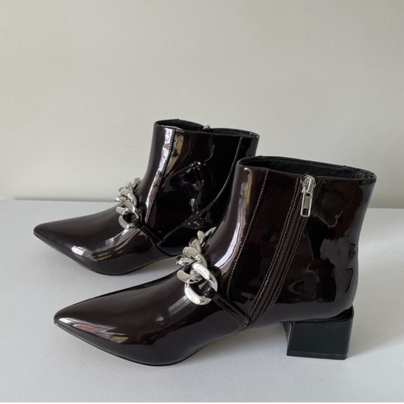 Vhny Womens Ankle Boots With Chain Leather Patent Flared Heel Boots Size 8 - Picture 2 of 5
